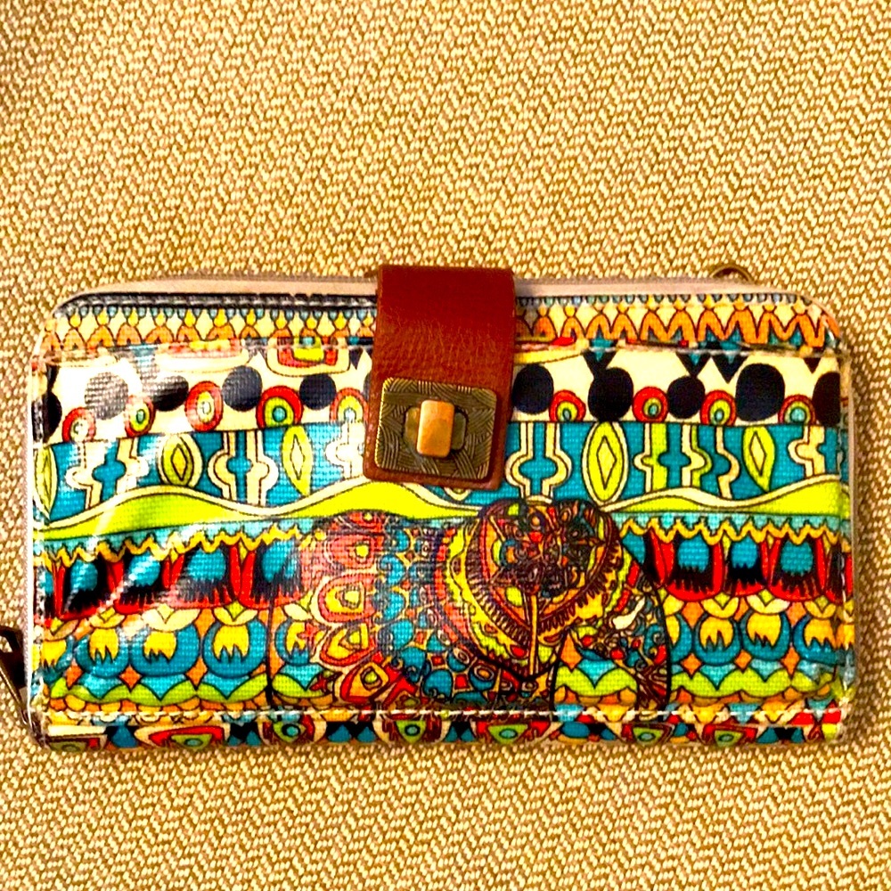 SakRoots vegan one world elephant wallet clutch coated canvas card holder bright